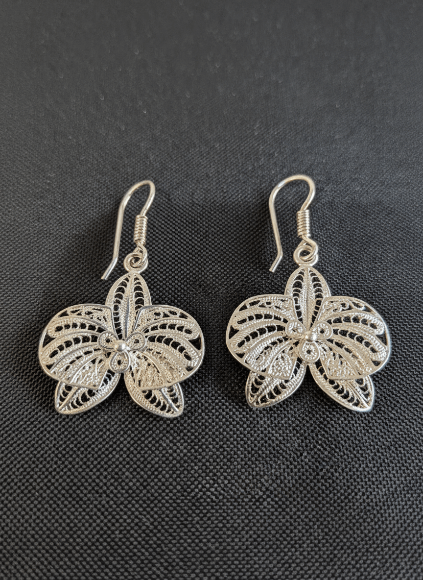 Silver Orchid Earrings in 925 Sterling Silver - Imagen 4