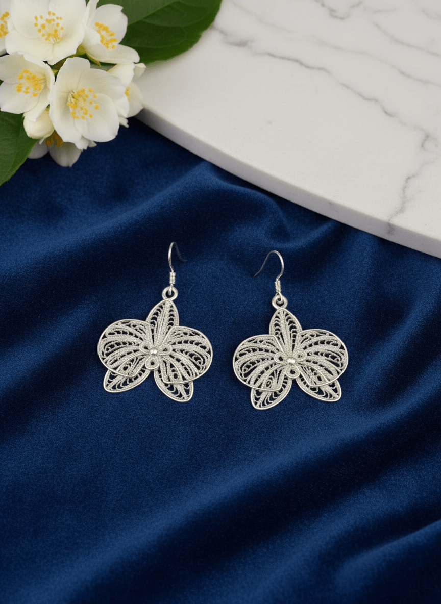 Silver Orchid Earrings in 925 Sterling Silver - Imagen 3