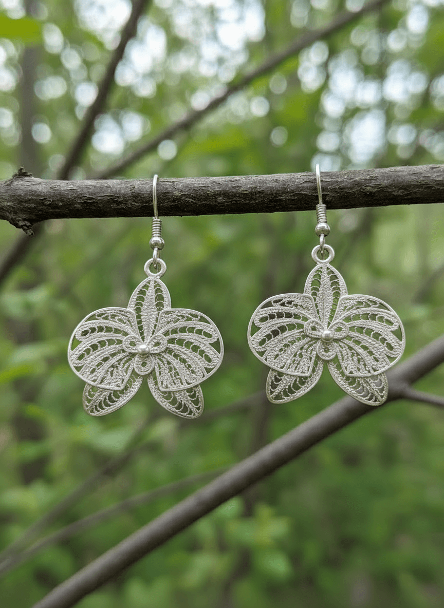 Silver Orchid Earrings in 925 Sterling Silver - Imagen 2