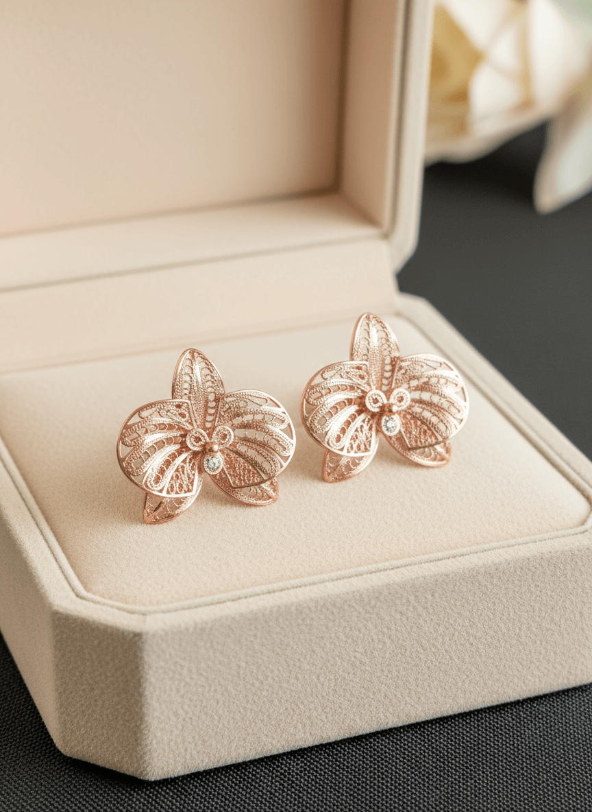 Rose Gold Orchid Flower Stud Earrings - Imagen 2