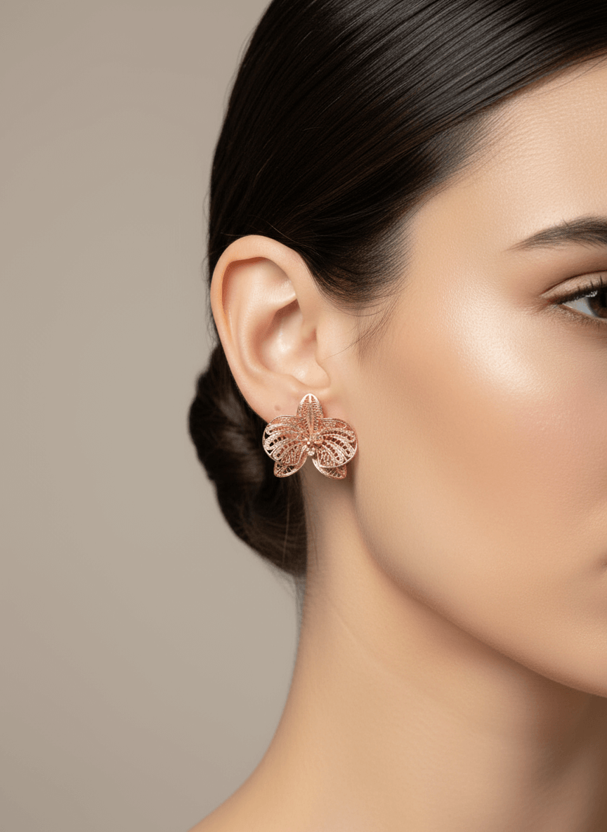 Rose Gold Orchid Flower Stud Earrings
