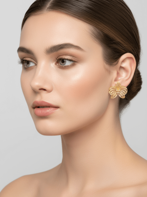 Gold Orchid Flower Stud Earrings