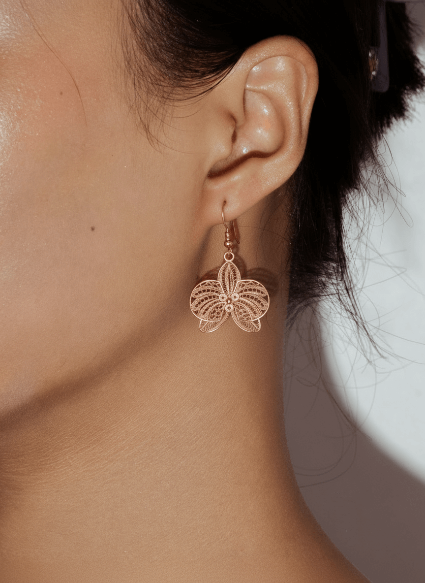 Orchid Flower Earrings – 925 Sterling Silver with Rose Gold Plating