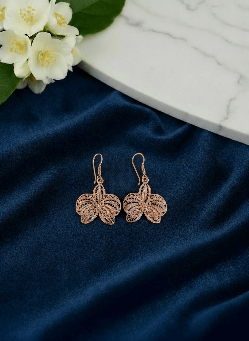 Orchid Flower Earrings – 925 Sterling Silver with Rose Gold Plating - Imagen 3