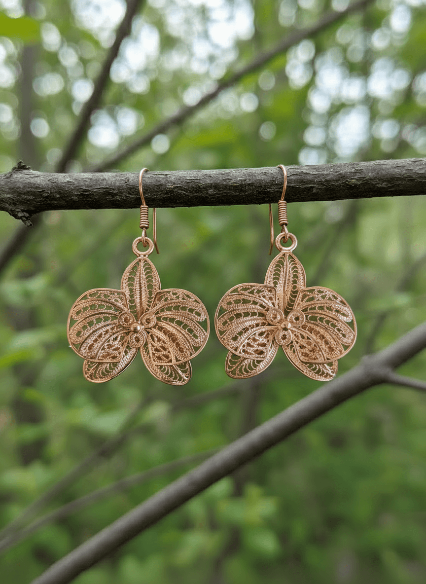 Orchid Flower Earrings – 925 Sterling Silver with Rose Gold Plating - Imagen 2