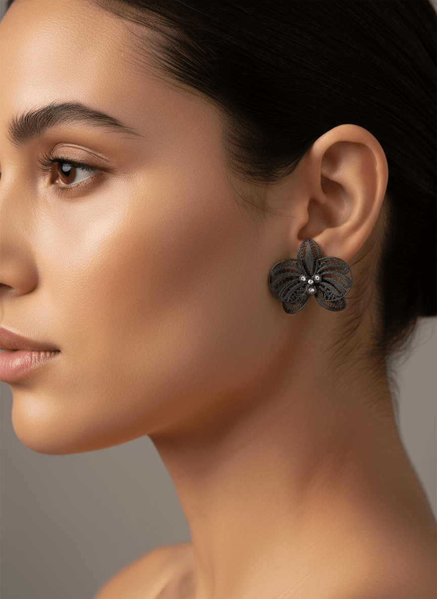 Black Orchid Flower Stud Earrings