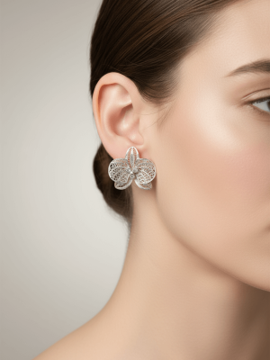Silver Orchid Flower Stud Earrings